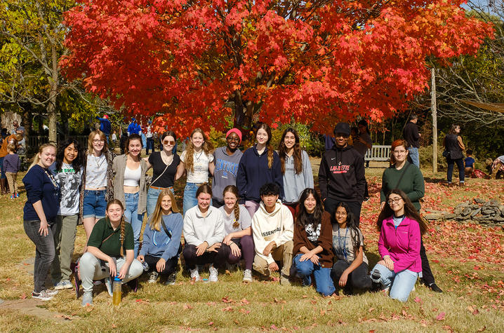 UK students volunteer A large group of students poses for a photo beneath a vibrant red-orange maple tree in peak autumn color. Some students stand while others kneel on the grass, with fallen leaves scattered across the ground around them.