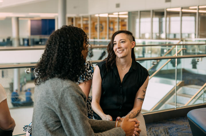 Jaden Edelen, left, and Kendra Stenzel chat on the Student Center’s top floor.