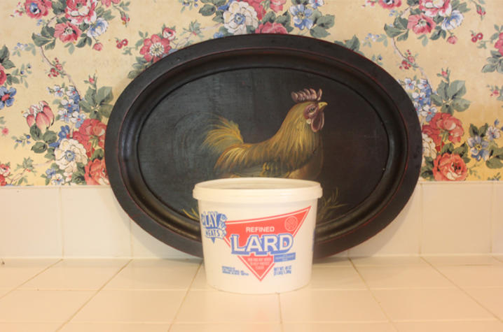 image of lard in front of decorative tray