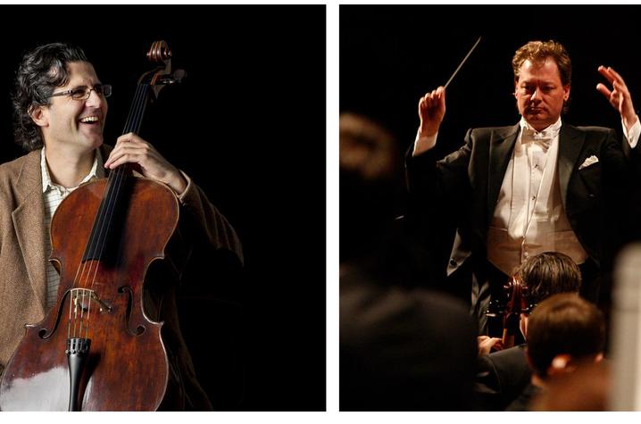 photos of Amit Peled with cello and John Nardolillo conducting