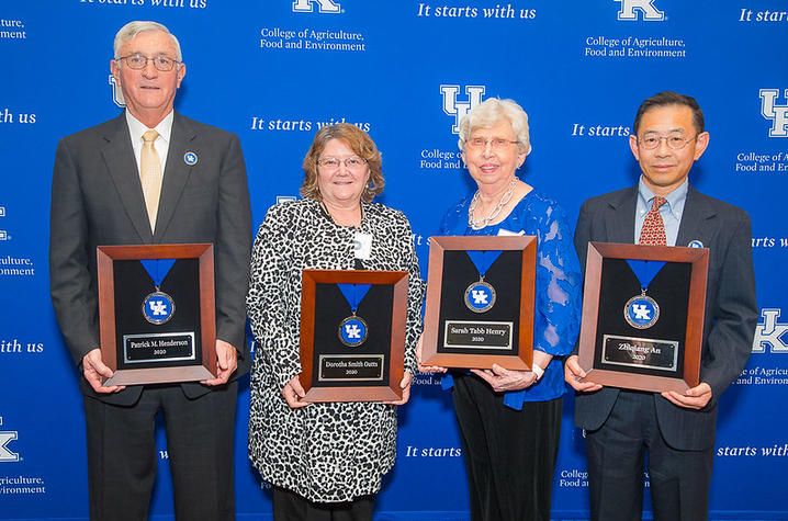 The University of Kentucky College of Agriculture, Food and Environment Hall of Distinguished Alumni’s newest members are (from left) Patrick Henderson, the late Dorotha Smith Oatts, Sarah Tabb Henry and Zhiqiang An.