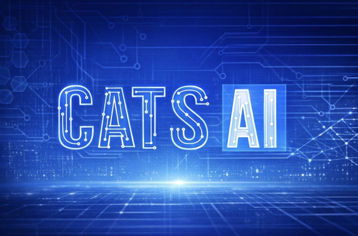 The words “CATS AI” appear in bold white letters against a blue digital background with circuit‑like lines and glowing network patterns.