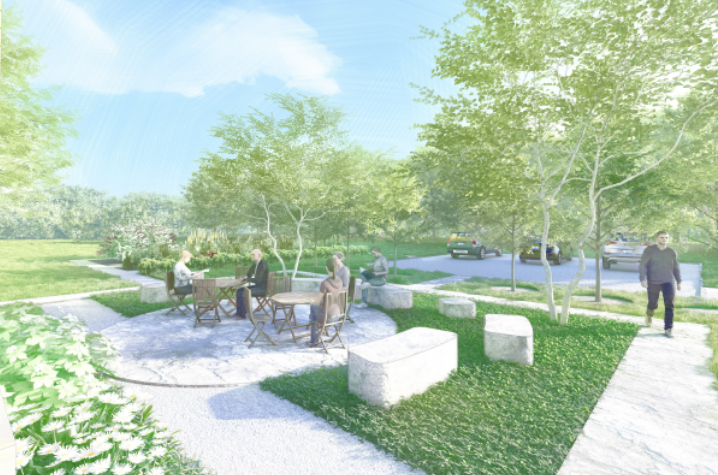 Rendering of an outdoor campus plaza with people seated at a table on a paved patio, surrounded by grass, trees, and walking paths.