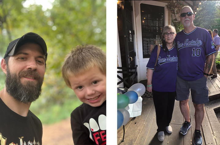 Two photos side by side: one shows an adult and child outdoors with greenery in the background; the other shows two people standing on a wooden deck outside a building with balloons, both wearing purple ‘Team Kentucky’ baseball jerseys