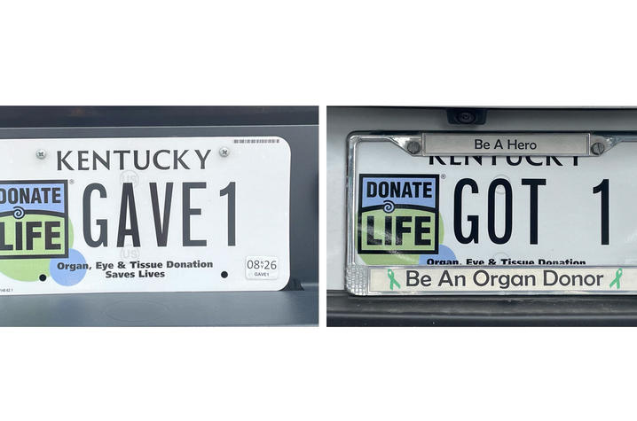 Two Kentucky license plates with Donate Life logos. One reads ‘GAVE1,’ the other reads ‘GOT 1,’ both promoting organ donation