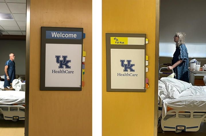 Two hospital room doorways with UK HealthCare signs. One sign says ‘Welcome,’ the other has a yellow ‘Fall Risk’ label. Each room contains a hospital bed and medical equipment.