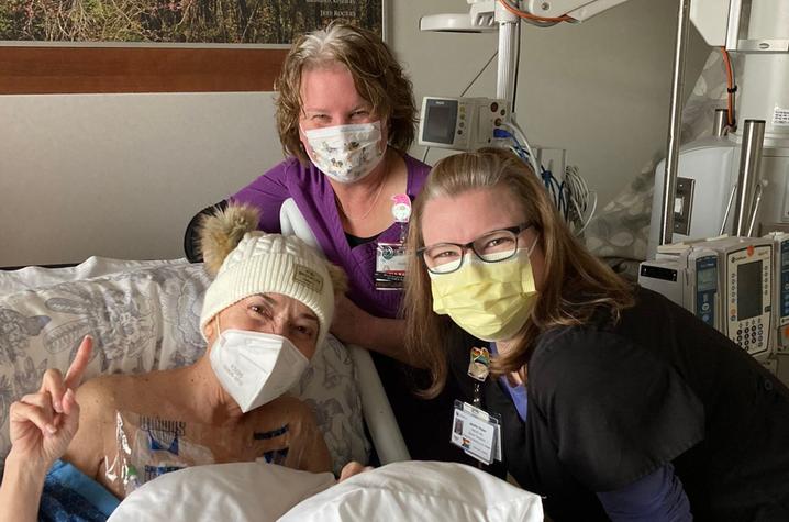 Bobbi Jo's care team helped her stay positive through the hardest times. Jennifer Peyton (right) provided music therapy and Kymber Tackett (middle) provided massage therapy. Photo provided by Bobbi Jo Allen.