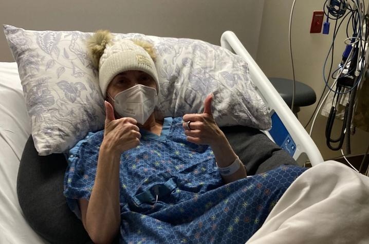 While she was at the hospital, Bobbi Jo’s immune system was so fragile no visitors were allowed to stay with her. Here she is giving two thumbs up to show everyone she is okay. Photo provided by Bobbi Jo Allen.