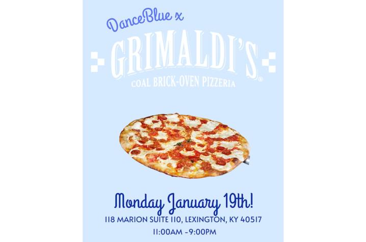 Promotional graphic with a light blue background advertising a DanceBlue collaboration with Grimaldi’s Coal Brick-Oven Pizzeria. A pepperoni pizza on a metal pizza peel is centered. Text reads: “DanceBlue x Grimaldi’s,” “Monday, January 19th,” 