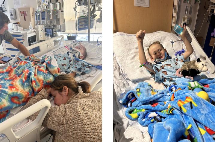 Two side-by-side photos show a child lying in a hospital bed, covered with a colorful blanket; in one image the child rests, and in the other raises both arms while surrounded by toys and medical equipment.