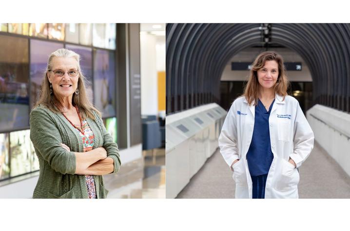 Photo of Dr. Ellison and Dr. London-Bounds Two side-by-side portraits in a campus setting. On the left, a person stands with arms crossed in a bright indoor hallway. On the right, a person wearing a white coat stands in a covered outdoor walkway on campus.