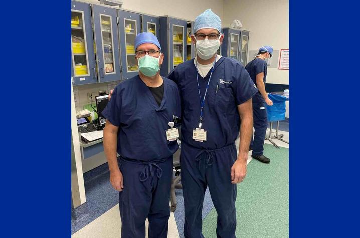 Darren Johnson, M.D (left) and Brian Noehren, PT, Ph.D., (right) worked together in the operating room to collect data for the study. | Dr. Caitlin Conley