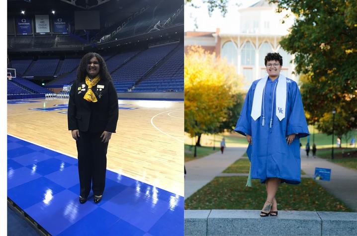 On left side, person wearing a black suit and a gold scarf stands on a basketball court inside an empty arena. On right side, Person wearing a blue graduation gown stands outdoors on campus, smiling, with trees and a university building in background.