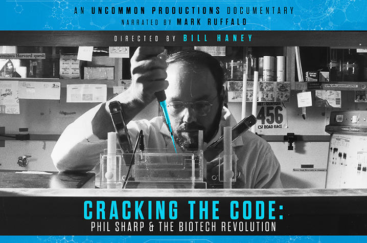 Cracking the Code movie poster shows Phil Sharp in lab