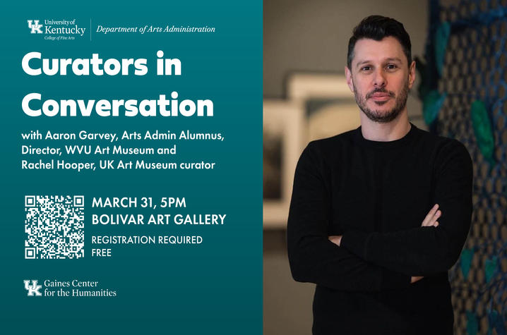 Poster for ‘Curators in Conversation’ event, with event details and a photo of a person standing with arms crossed.