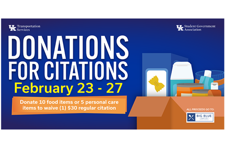 Graphic promoting the ‘Donations for Citations’ event with dates February 23-27 and an illustration of a box filled with food and personal care items.