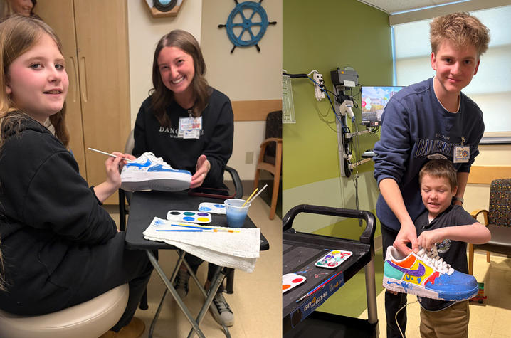 Two photos showing visitors helping children decorate colorful custom sneakers in a hospital setting.