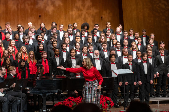 A chorus performing on stage