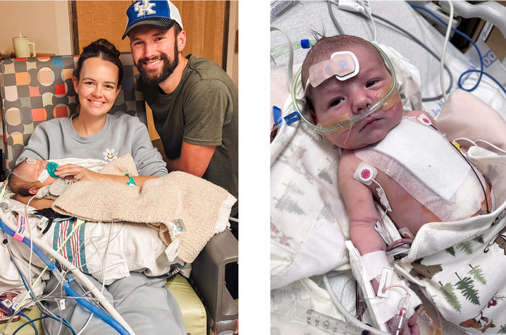 array of images; on left, Reid being held by his mother Sarah with his father Donald. On right, Reid in his NICU bed with wires and surgical dressing