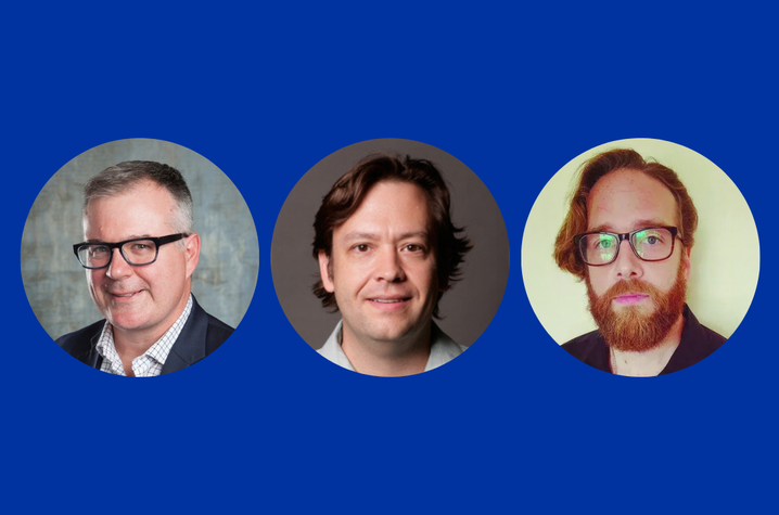 Three individuals shown in circular portrait frames on a blue background.