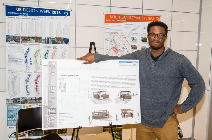 photo of Rakeem Bradshaw with his Music Lounge proposal for "Retrofitting the RETRO" 