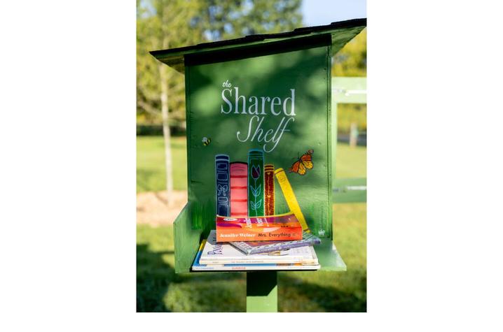 A close-up view of a green Little Free Library painted with the words “the Shared Shelf” above colorful illustrations of books, a bee, and a butterfly. Several books are stacked on the library’s shelf.
