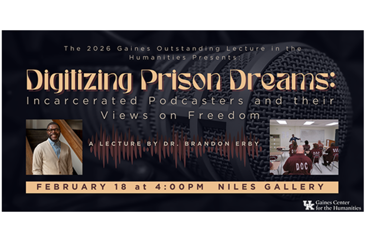 Promotional graphic for a lecture titled ‘Digitizing Prison Dreams’ featuring a microphone and event details.