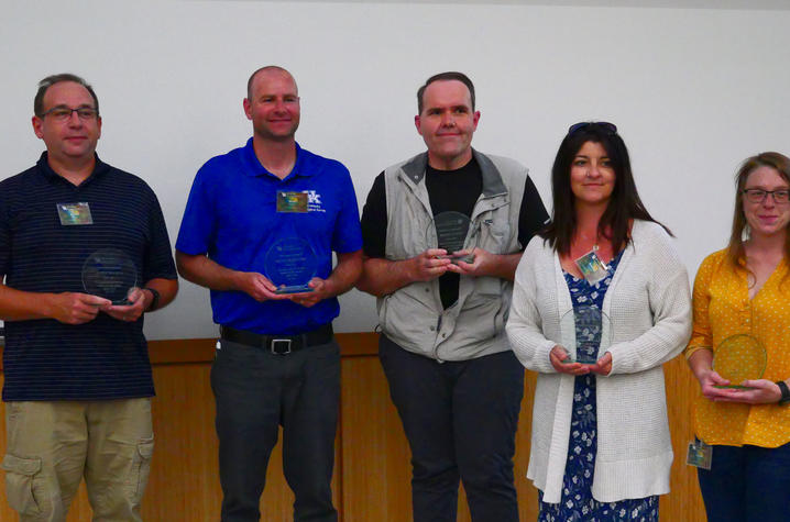 2022 KGS Director Award winners (from left) Jason Backus, Matt Crawford, Steve Webb, Andrea Conner and Sarah Arpin. Not pictured: Nolan Whitt, Sydney Gutierrez-Gomez and Emily Morris.