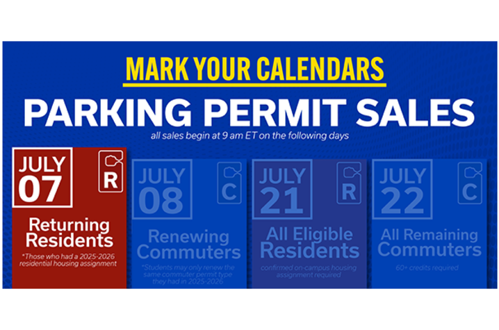 Parking permit sales schedule showing July dates for returning residents, commuters and eligible residents.