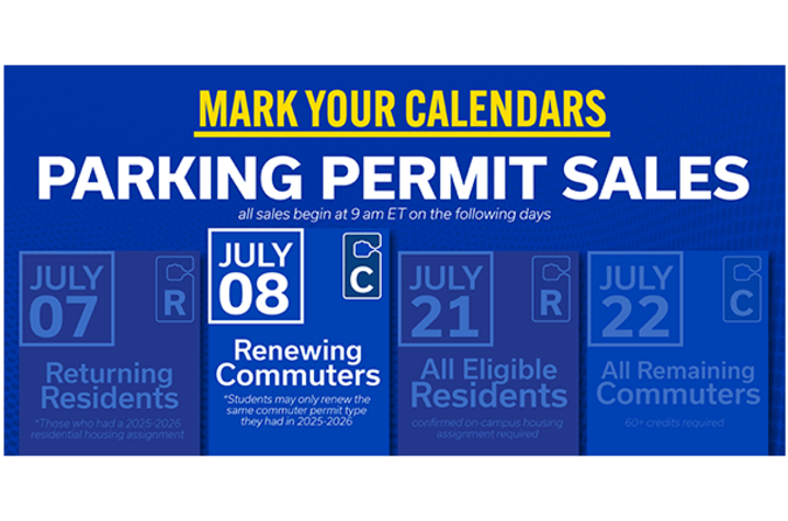 Parking permit sales graphic highlighting July 8 for renewing commuters. An infographic reminds customers about Renewing Commuters Parking Permit Sales – July 8