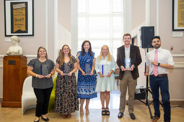 Six teachers were honored with the Earle C. Clements Award. From left, Jennifer Brown, Stevie Lemons, Caron Cron, Sharessa Bently-Crovo, Clay Rouse, and Jason Ross. Photo by UK Libraries.
