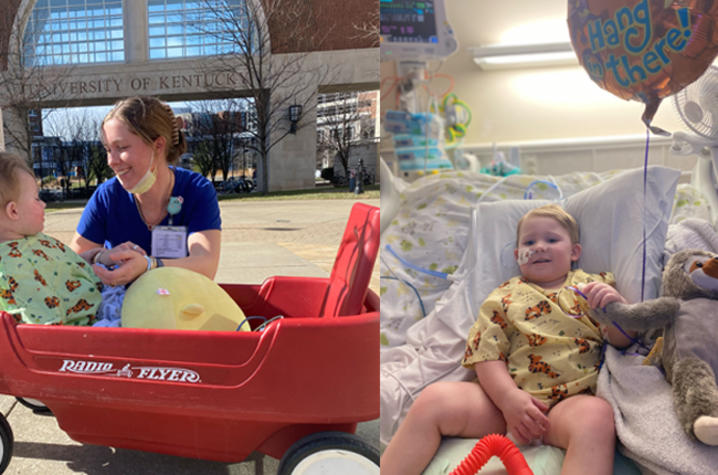 composite of images of Easton in the hospital