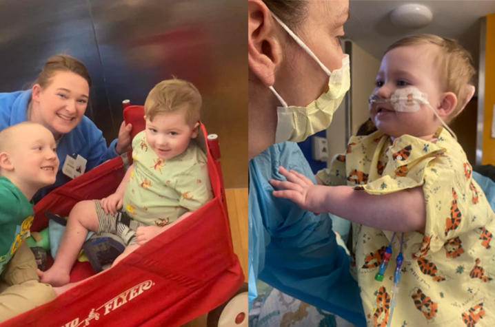 composite of image of Easton in the hospital with his mom and brother