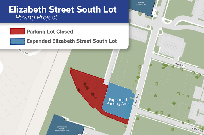 Map of the Elizabeth Street South Lot paving project. The existing lot west of Elizabeth Street is marked in red as closed; the expanded parking area beside it is marked in blue.