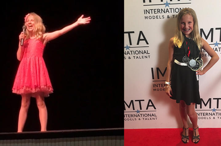 composite photo - left, elysia performing, right, elysia on red carpet