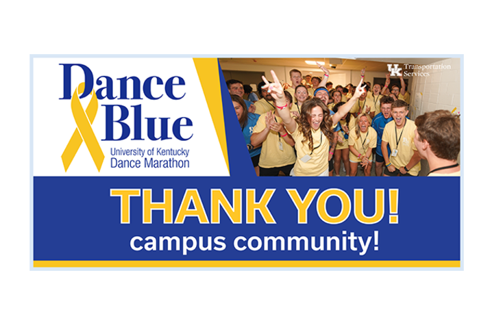 DanceBlue thank-you graphic with photos of students celebrating and the message “Thank you, campus community!” alongside a yellow ribbon logo.