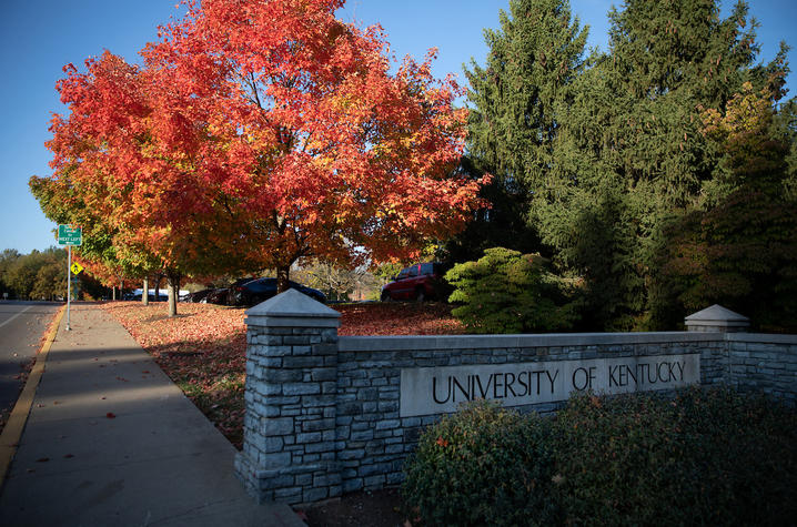 photo of University of Kentucky sign with tree behind it with bright red fall colored leaves.