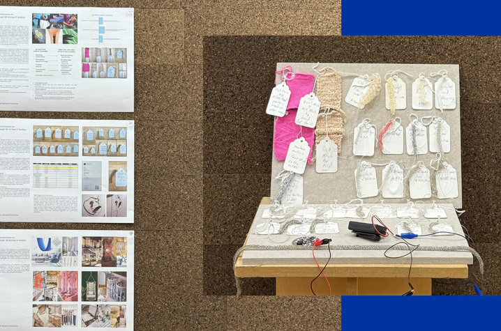 designs and prototype materials are pinned to a corkboard and displayed