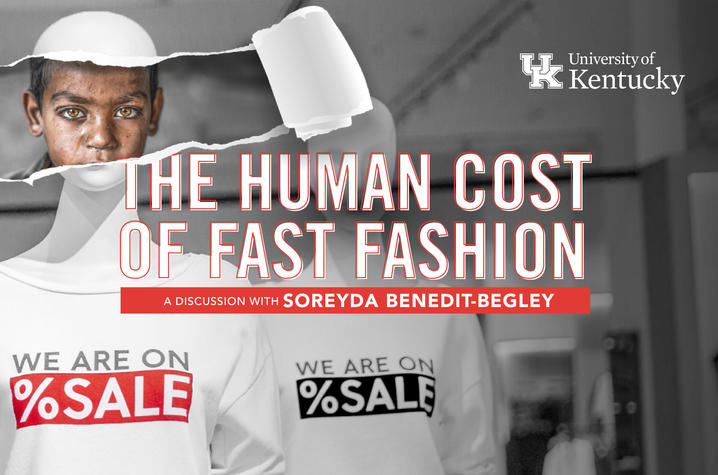 Virtual flyer with wording "The Human Cost of Fast Fashion" across the center in white and orange