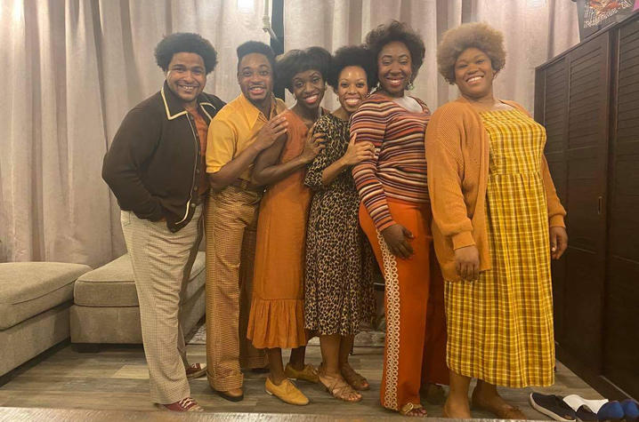 photo of Christopher Kenney, Markel Reed, Christine Jobson, Andrea Jones-Sojola, Denisha Ballew and Karmesha Peake in costumes for "Fire Shut Up in My Bones"