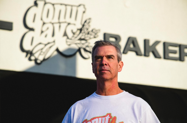 Fred Wohlstein in front of Donut Days Bakery in Lexington.