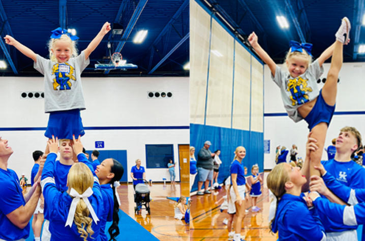 Photo array with twins at a cheerleading camp