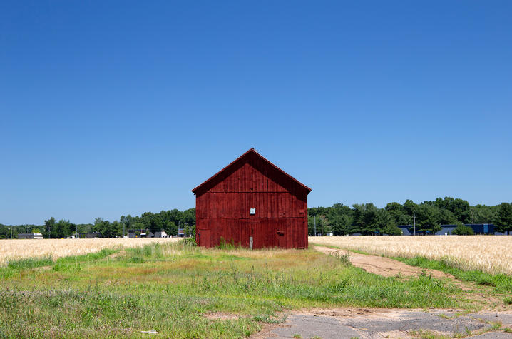 image of a red barn in the daytime with forest in the background