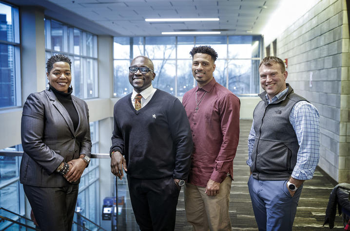 Future of Sport Institute faculty (left to right): Marta Mack, Ph.D., Kwame Agyemang, Ph.D., Rasheed Flowers, Ph.D., and Justin Nichols, Ed.D. Photo by Mark Cornelison| UK Photo 