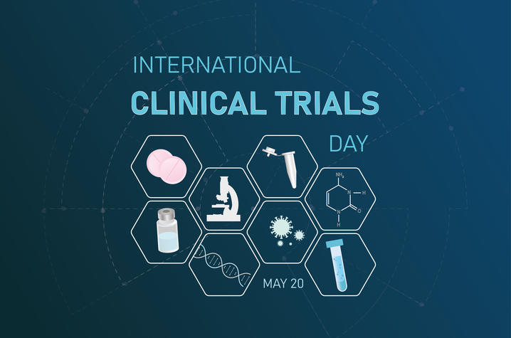 Logo for International Clinical Trials Day: a dark blue background with light blue text, below which are eight hexagons with research-related icons inside. 