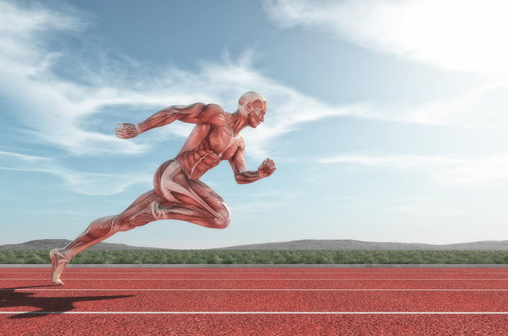 illustration of muscular human figure running on a track