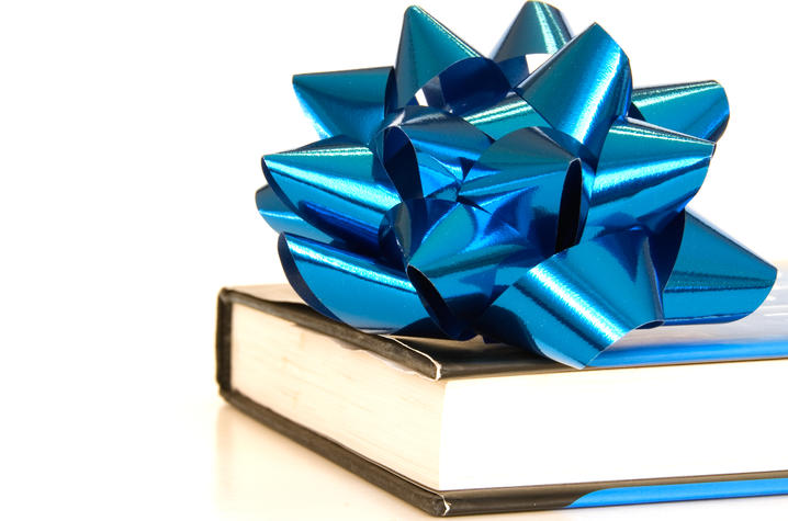 photo of book with blue bow on it