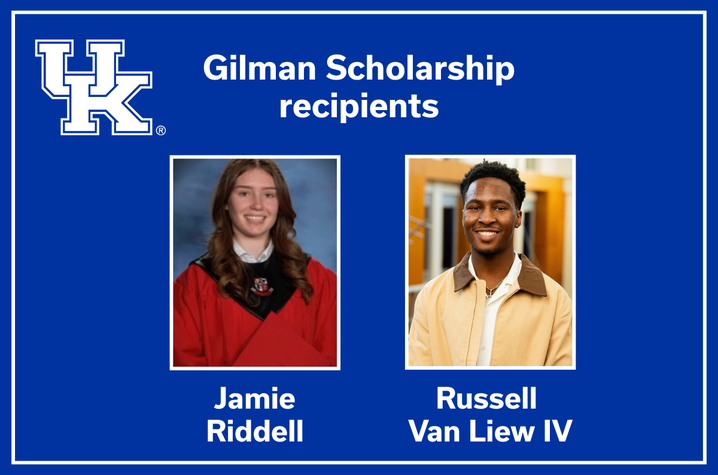 UK graphic titled "Gilman Scholarship recipients" featuring headshots of Jamie Riddell and Russell Van Liew IV on a blue background with a UK logo.