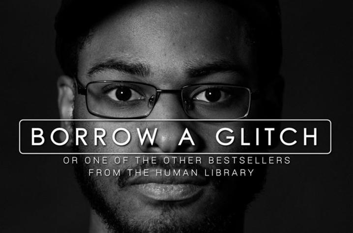 headshot photo of student with words "Borrow A Glitch" over his face