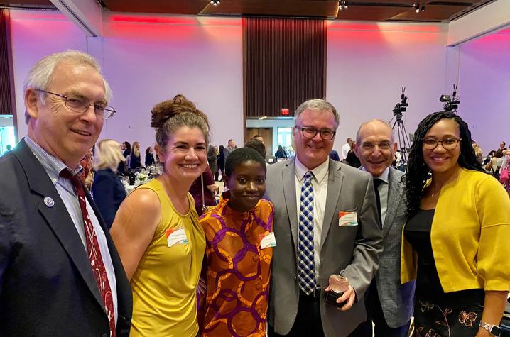 (from left to right) Dean Charles Griffith, Margaret Mohr-Schroeder, Lordina Mensah, Luke Bradley, President Capilouto and Stephanie White.